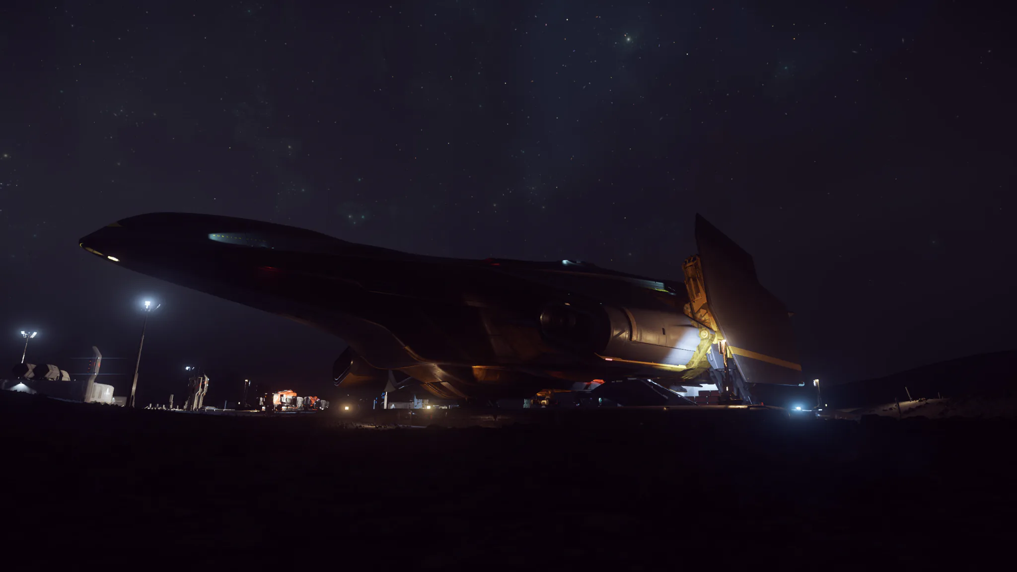 Schweres Frachtschiff der Space Truckers im nächtlichen Einsatz